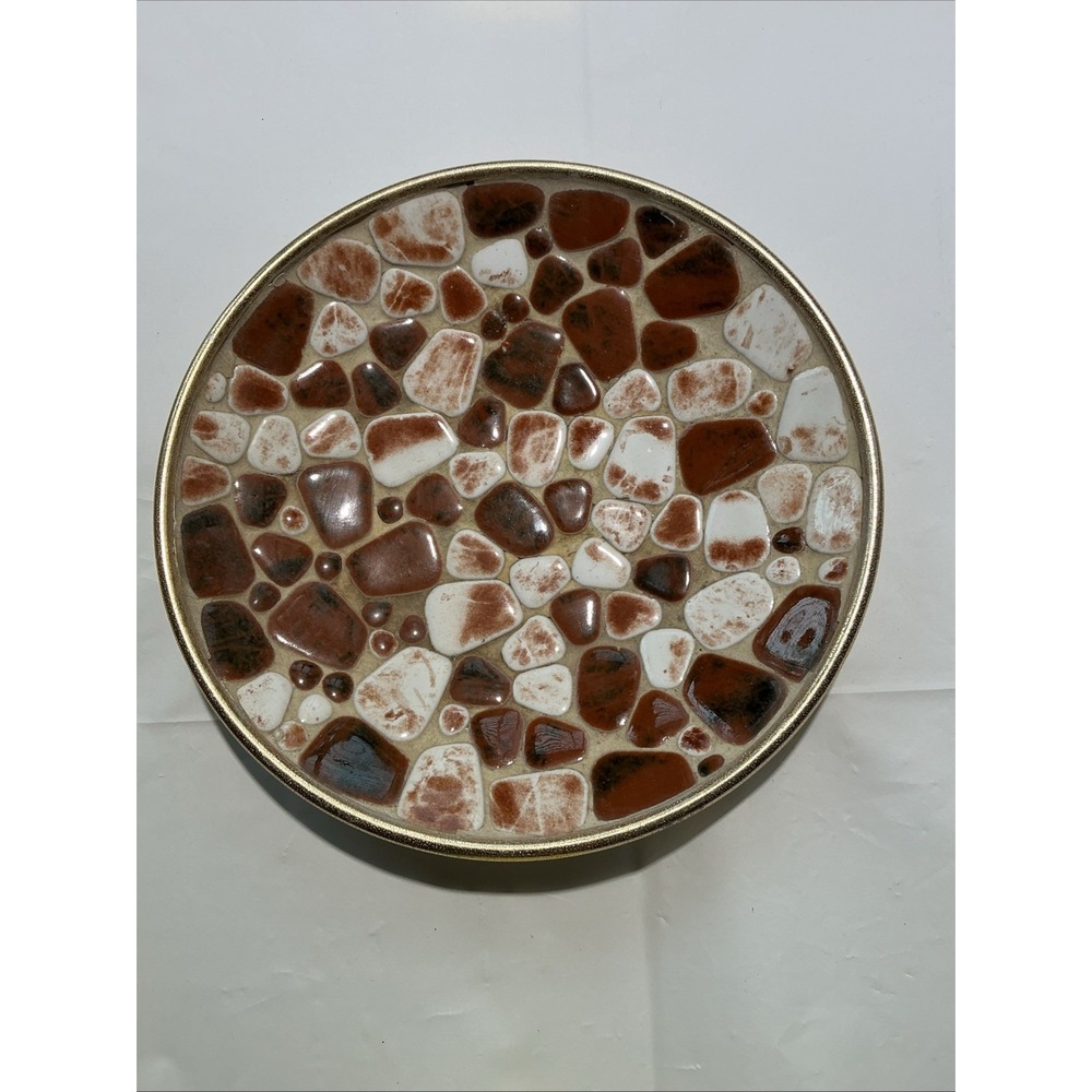 Vtg MCM Tile Mosaic Plate Or Trivet With Gold Back‎ 8.5 Inches Browns Tans Shiny